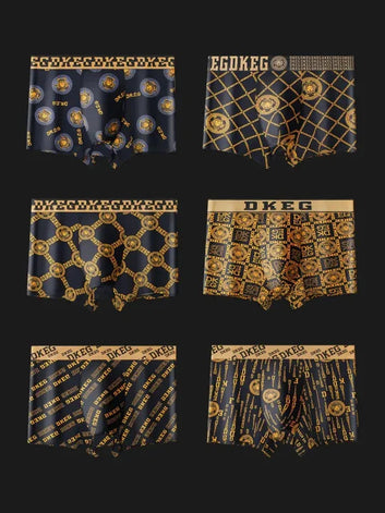 Men's Ice Silk Boxer Briefs, Luxury Style Golden Print (Pack of 8)
